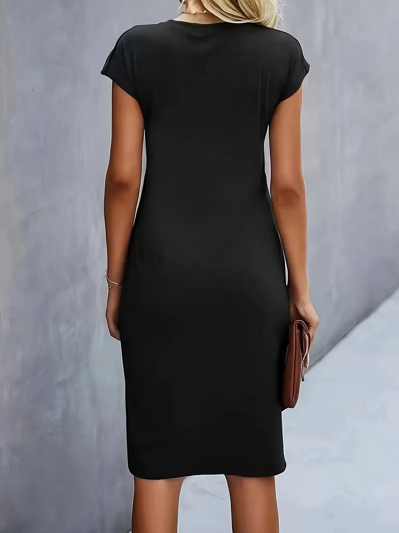 Delphine Ruched Round Neck Midi Dress Short Sleeve