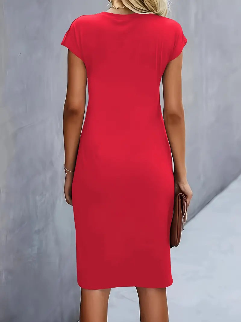 Delphine Ruched Round Neck Midi Dress Short Sleeve
