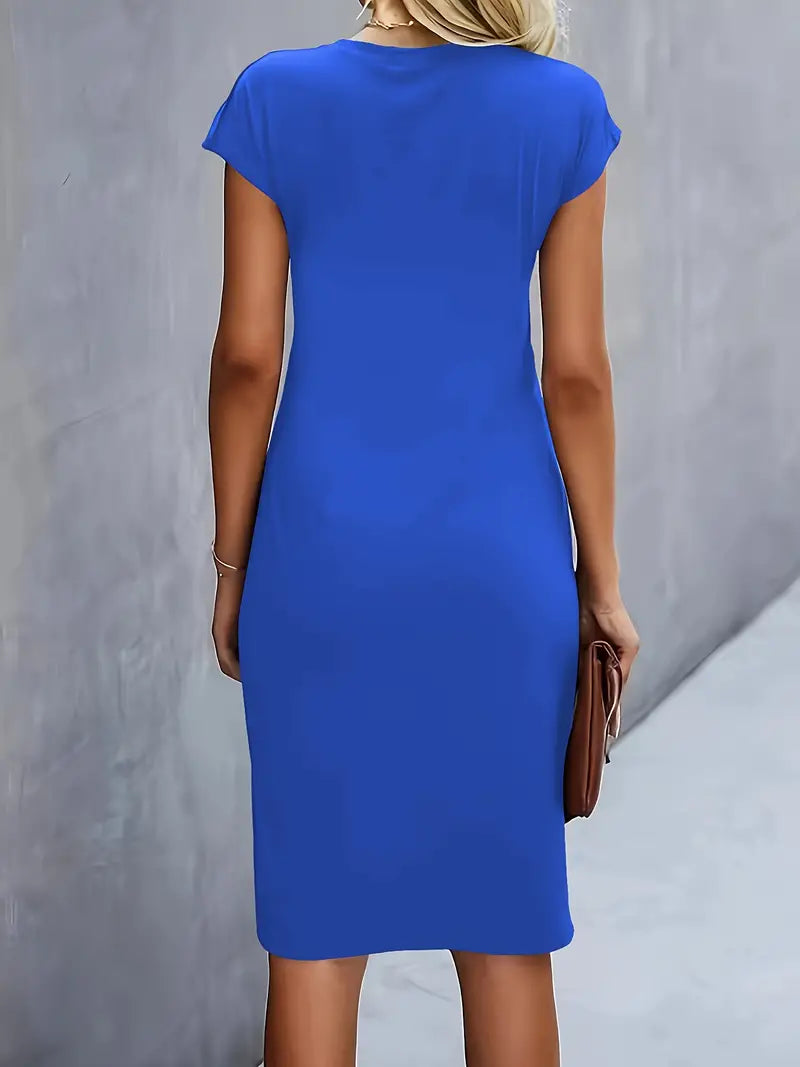 Delphine Ruched Round Neck Midi Dress Short Sleeve