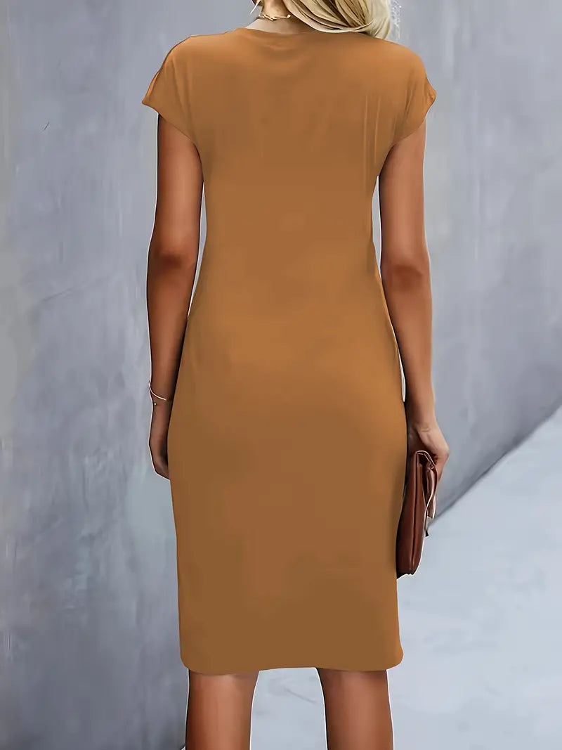 Delphine Ruched Round Neck Midi Dress Short Sleeve
