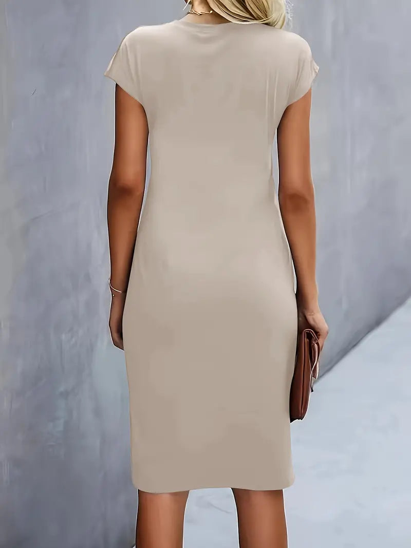 Delphine Ruched Round Neck Midi Dress Short Sleeve
