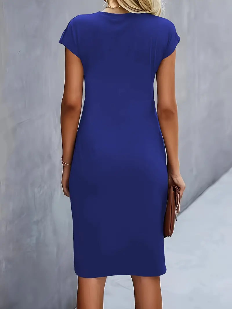 Delphine Ruched Round Neck Midi Dress Short Sleeve