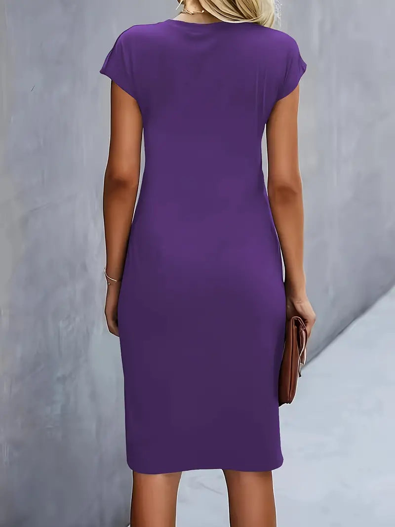 Delphine Ruched Round Neck Midi Dress Short Sleeve