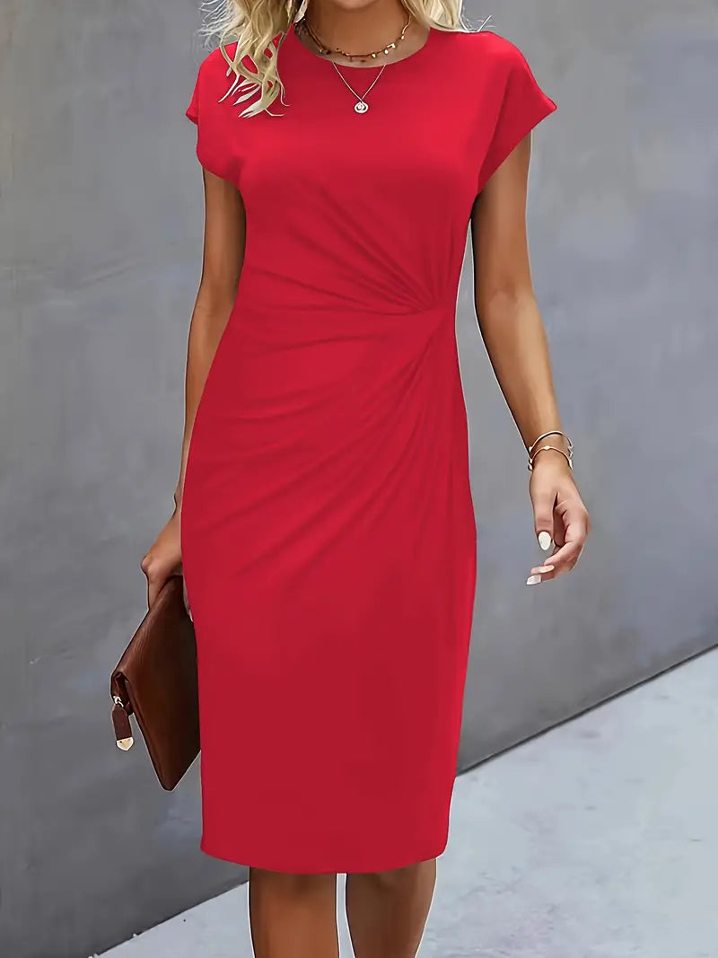Delphine Ruched Round Neck Midi Dress Short Sleeve
