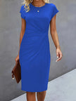 Delphine Ruched Round Neck Midi Dress Short Sleeve