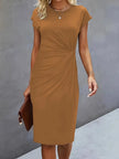 Delphine Ruched Round Neck Midi Dress Short Sleeve
