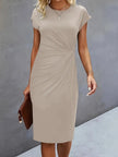 Delphine Ruched Round Neck Midi Dress Short Sleeve