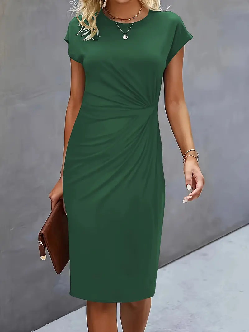 Delphine Ruched Round Neck Midi Dress Short Sleeve