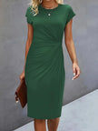 Delphine Ruched Round Neck Midi Dress Short Sleeve