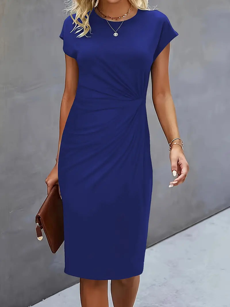 Delphine Ruched Round Neck Midi Dress Short Sleeve