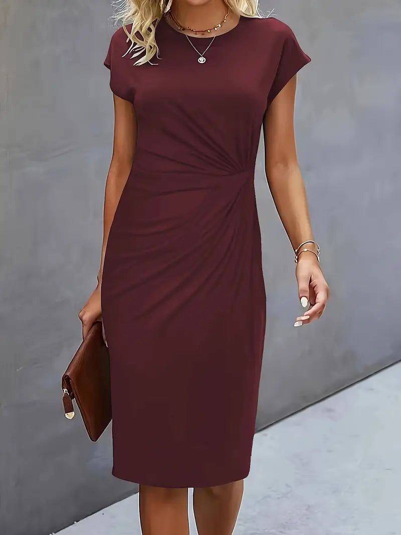 Delphine Ruched Round Neck Midi Dress Short Sleeve