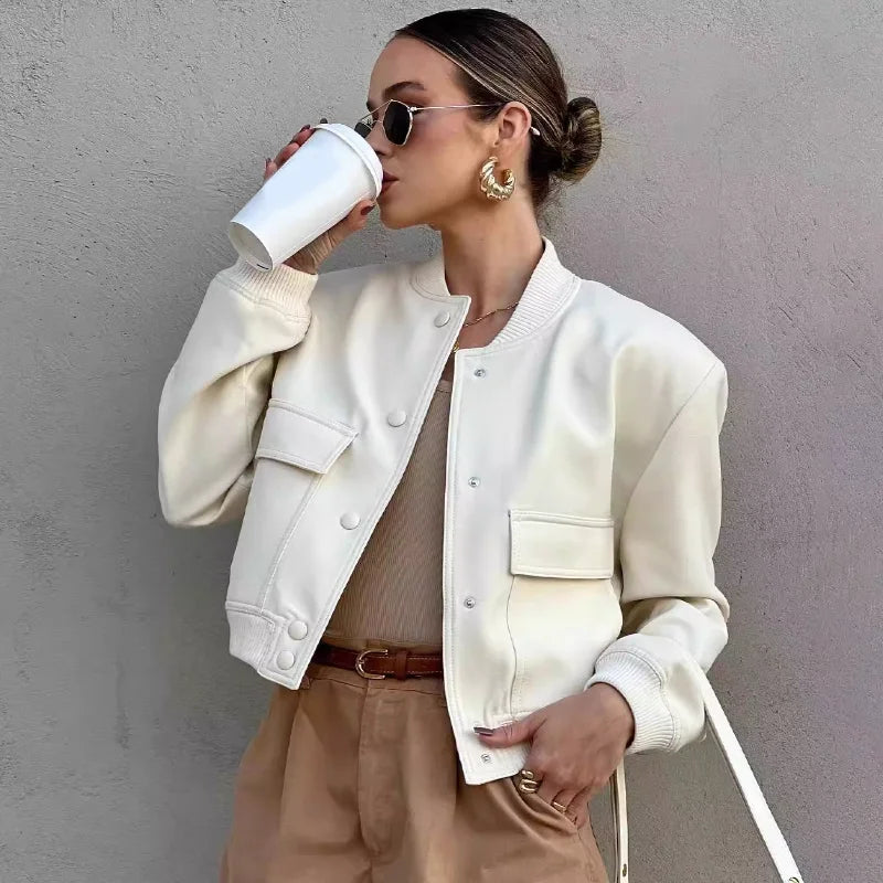 Liliane Cropped Leather Bomber Jacket