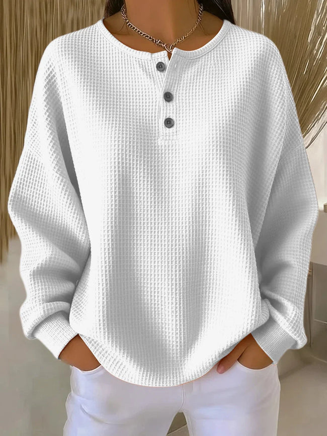 Adeline Waffle-Knit Henley Sweatshirt
