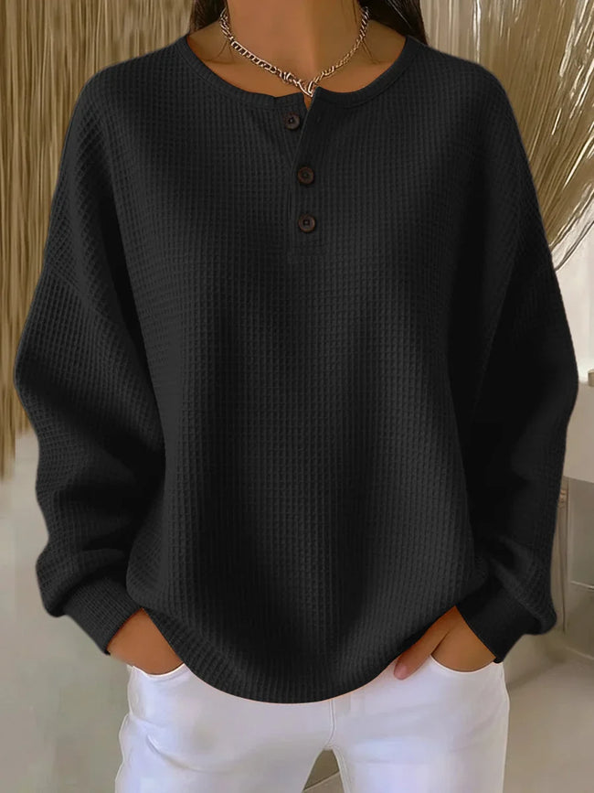 Adeline Waffle-Knit Henley Sweatshirt